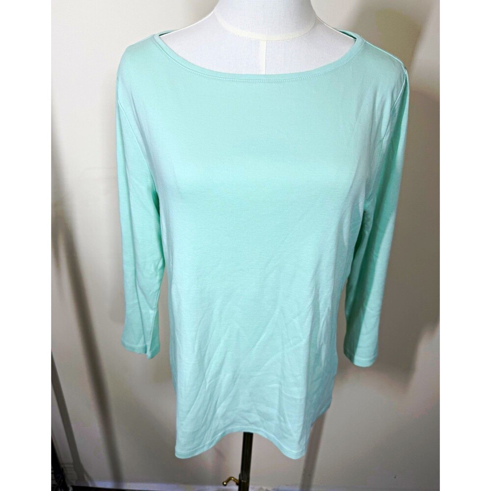 Talbots Womens Tee L Green Solid Pima Cotton Knit Scoop Neck 3/4 Sleeve 382